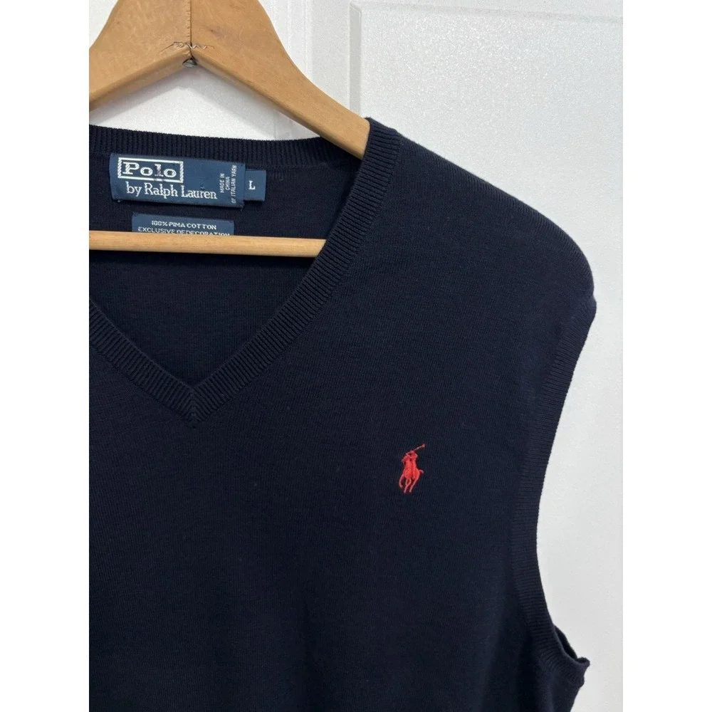 Polo Ralph Lauren Pima Cotton Sweater Vest Men's L Navy Red Pony Classic 0716